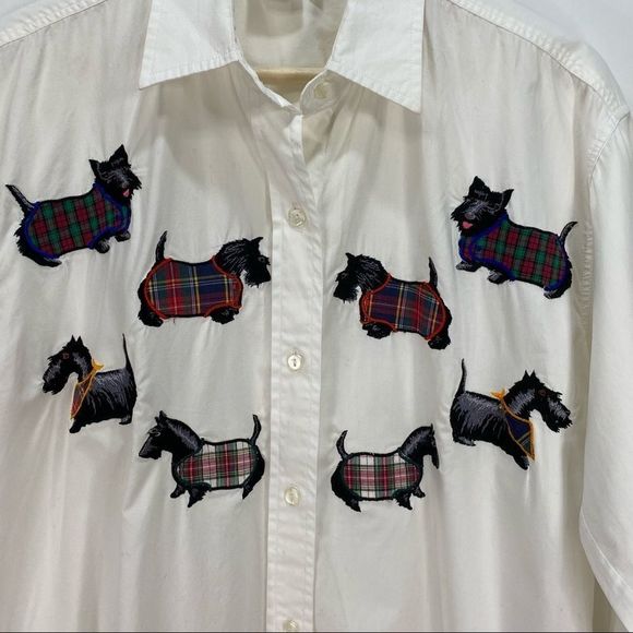 Casey Coleman White Cotton Long Sleeved Button Down Shirt Embroidered Dog S/M - Picture 2 of 6